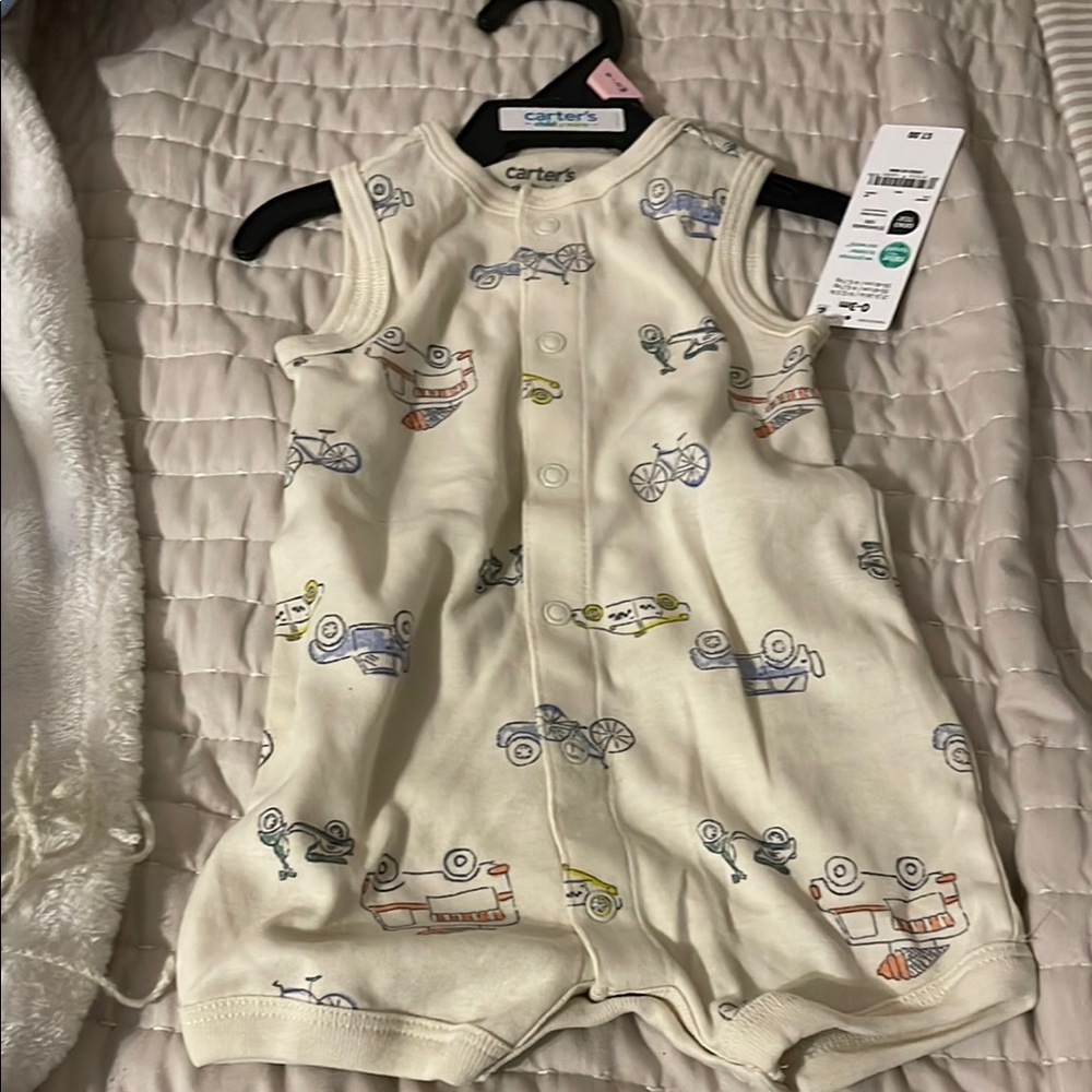 Carter's Cream Romper with Colorful Vehicle Print